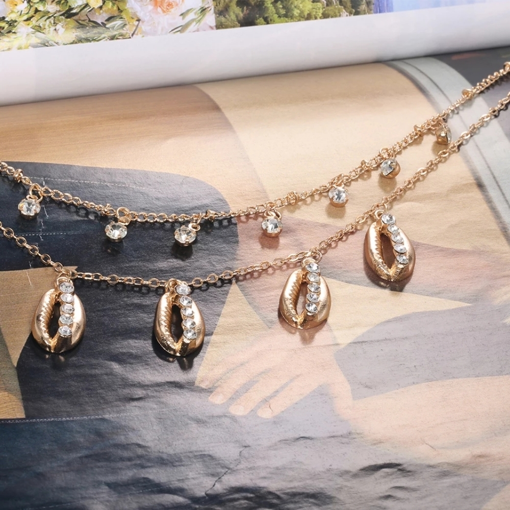 Rhinestone Conch Cowrie Shell Lariat Layer Necklace - Picture 2 of 5